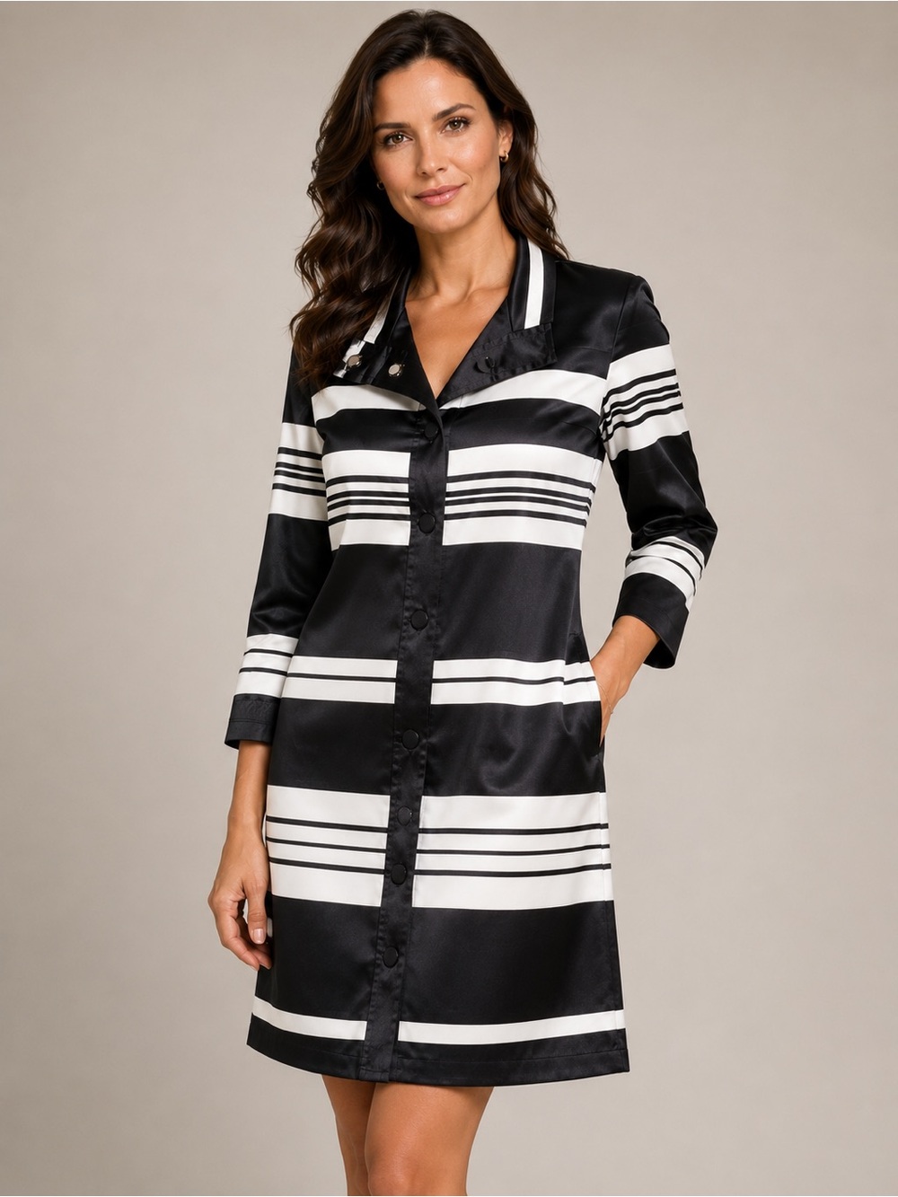 NWOT Per Se by Carlisle Black White Stripe Satin Trim Trench Coat Womens Sz 0